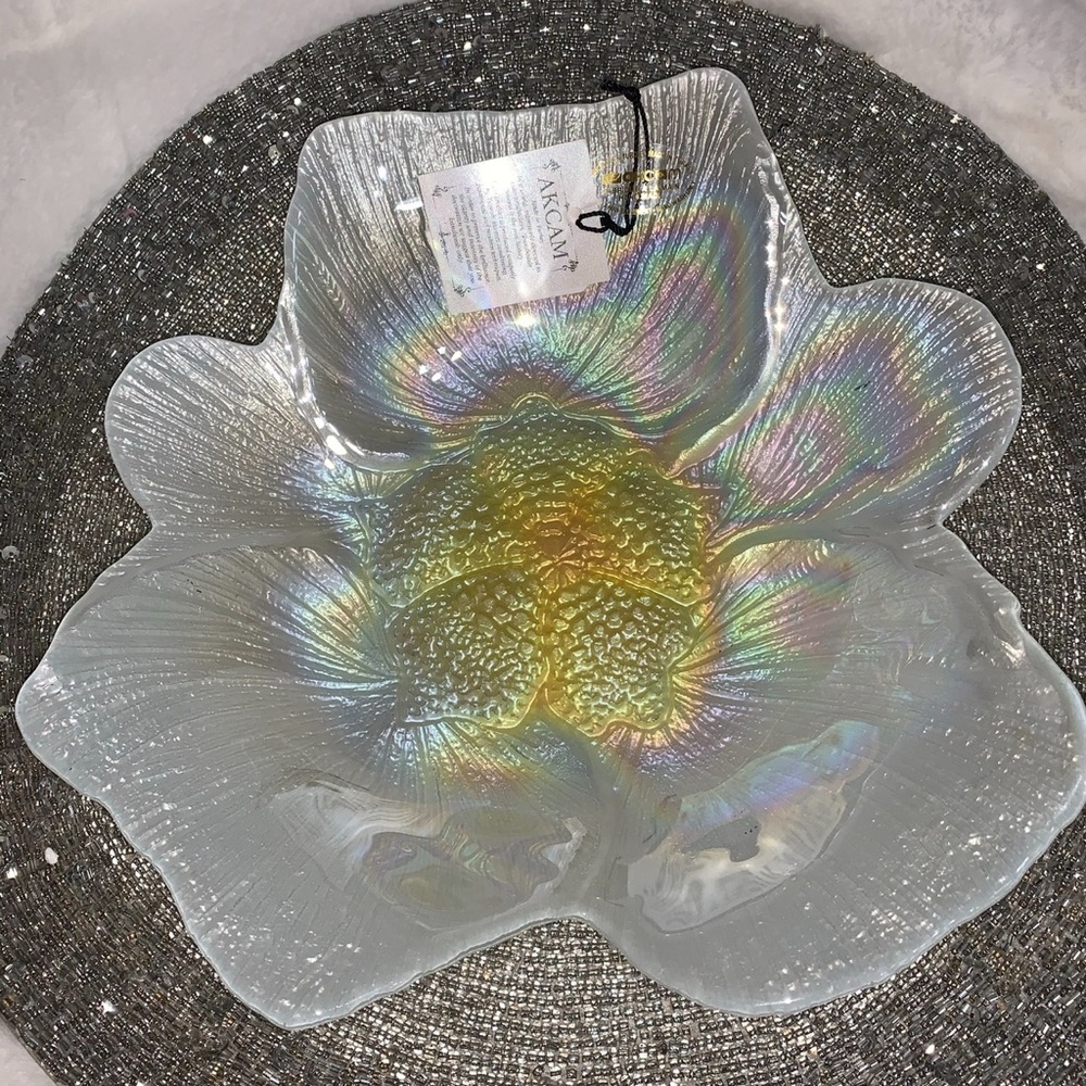 Akcam Turkish White IRIDESCENT FLOWER SHAPED GLASS Centerpiece Bowl